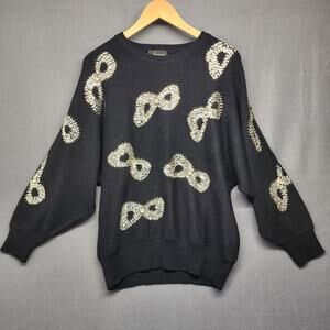 Vintage Angenie Sweater Womens XL Black Rhinestone Sequins Bows 80s Hong Kong
